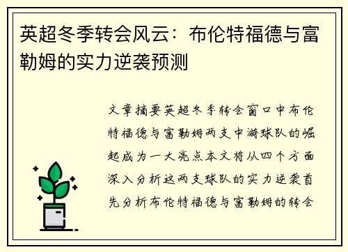 英超冬季转会风云：布伦特福德与富勒姆的实力逆袭预测